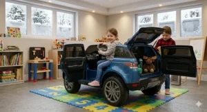 A photorealistic 4K detailed illustration of two young children interacting with a dark blue 12V ride-on SUV with wide-open doors and trunk in a well-lit Canadian basement playroom during winter.