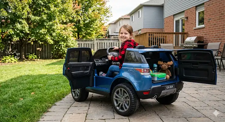 A photorealistic 4K image of a child in a Canadian backyard driving a blue 12V ride-on toy, showcasing the opening side doors and the rear trunk containing a lunchbox and a moose toy. 12v ride on with opening doors and trunk