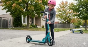 An illustration showing the adjustable T-bar height of a foldable scooter for kids, suitable for toddlers to pre-teens.