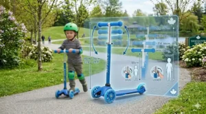 Technical diagram showing adjustable handlebar heights on a 2-wheel scooter suitable for growing 5-year-old children.