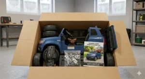 A photorealistic 4K detailed illustration of an open box containing components of a blue 12V ride-on SUV, featuring a bilingual English/French assembly guide on a Canadian basement floor.
