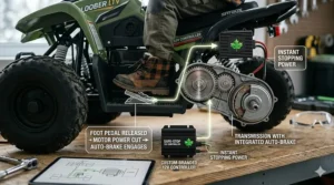 Technical illustration of the automatic power-lock braking system on a safe 12V ATV for toddlers and kids.