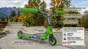 Product packaging for a beginner stunt scooter for 6-8 year olds with bilingual English and French assembly instructions for Canadian customers.