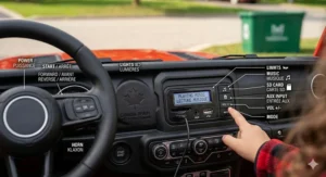 A photorealistic 4K detailed close-up illustration showcasing the comprehensive, high-quality bilingual English/French labels and controls on the dashboard of the 12V electric Jeep for kids aged 5-8, including a 'Canada-Ready' maple leaf logo.