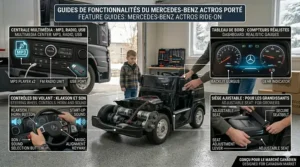 A high-detail illustration showcasing the features of a licensed 12V ride on car's interior, including a functional MP3 and radio dashboard, realistic gauges, steering wheel sound controls, and a safe, adjustable seat with a seatbelt.