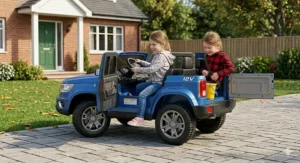 A photorealistic 4K detailed illustration from a side angle, focusing on a dark blue 12V ride-on SUV parked on a Canadian stone driveway, with children demonstrating the dual-opening door feature.