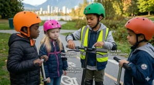 A checklist illustration showing a child checking tire pressure and brake levers on a kid-sized electric scooter before a ride.