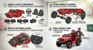 A photorealistic 4K detailed simplified assembly guide illustration for the 12V electric Jeep for kids aged 5-8, featuring sequential bilingual English/French text instructions and a 'Canada-Ready' maple leaf logo.
