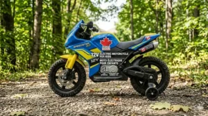 A photorealistic illustration capturing the assembly stage of a 12v electric motorcycle for kids, focusing on attaching the wheel with a wrench.