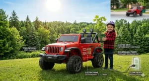 A photorealistic 4K detailed outdoor illustration showcasing the zero-emissions, rechargeable 12V electric Jeep for kids aged 5-8 in a scenic Canadian provincial park with bilingual English/French labels like 'ECO-FUN' and 'ZÉRO ÉMISSION'.