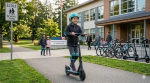 Green-themed illustration showing a child commuting to a Canadian school on a 10 mph electric scooter, emphasizing zero emissions.