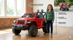 A photorealistic 4K detailed comparison chart illustration showing a child next to the red 12V electric Jeep for kids aged 5-8, complete with bilingual English/French labels and a 'Canada-Ready' maple leaf logo.