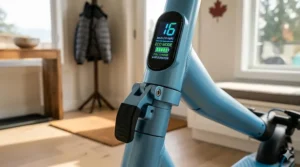 Illustration of a long-range battery being charged for a 10 mph electric scooter, ideal for long Canadian summer days.