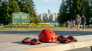 High-detail photo of a red safety helmet with a Canadian flag sticker, emphasizing safety equipment for kids' electric mobility.