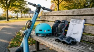 Flat lay illustration of a kids' helmet, knee pads, and a 10 mph electric scooter compliant with Canadian safety standards.