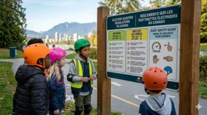 An infographic showing Canadian provincial age requirements for e-scooter riders, featuring English and French text for bilingual compliance.