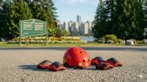 Safety gear for a 6 year old rider displayed on a bench in Stanley Park, Vancouver, showcasing a red helmet and protective pads.