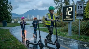 A speedometer graphic highlighting safe speed limits for children’s electric scooters (under 15 km/h) according to safety guidelines.