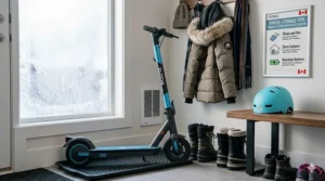 Educational illustration showing the proper indoor storage of a 10 mph electric scooter for kids during the Canadian winter season.