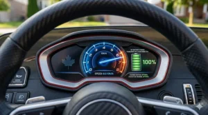 Speedometer graphic showing the top speed of the fastest 12V ride on car for kids available in Canada.