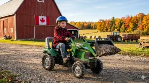 A durable construction illustration highlighting the heavy-duty, high-traction tires and axles of a robust kids pedal tractor with loader for rough terrain.