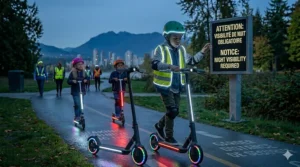 Illustration of a child wearing a reflective vest and using integrated scooter lights for safety during early Canadian winter sunsets.