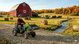 Illustration stylized for the Canadian market depicting a kids pedal tractor with loader (jouet tracteur à pédales avec chargeur) featuring Canadian-themed branding.