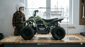 Size chart and weight capacity for the safest 12V ATV with speed control, designed for children aged 3 to 8.