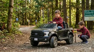 A 4K photorealistic illustration showing 12V electric trucks for kids, like a black toy Ford truck with a 'CANADA' plate, off-roading on a detailed provincial park trail with a child driving and another child placing a 'CAUTION/ATTENTION' sign.