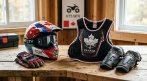 Infographic of essential safety gear for kids using a 12V ATV with speed control, emphasizing Canadian safety standards.