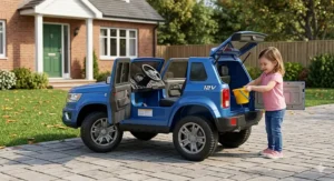 A photorealistic 4K detailed illustration of a child-sized blue 12V ride-on SUV parked on a Canadian stone driveway, showcasing both the side doors and rear trunk hatch fully opened, with a child interacting with the cargo area.