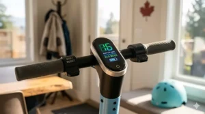 Illustration of an electric scooter for kids with a digital gauge showing a safe 10 mph (16 km/h) speed limit for Canadian sidewalks.