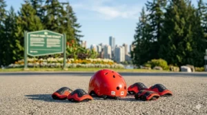 Close-up of essential safety gear for a 6 year old including a red CSA-certified helmet and protective pads on a park bench in Canada.
