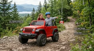 A photorealistic 4K detailed outdoor illustration showcasing two children enjoying an off-road adventure on a Canadian park trail in the 12V electric Jeep for kids aged 5-8, featuring bilingual English/French labels like 'ALL-TERRAIN ADVENTURE' and 'ZÉRO ÉMISSION'.