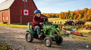 Illustration of a child wearing winter gear operating a kids pedal tractor with loader to push snow on a residential driveway in a snowy Canadian landscape.