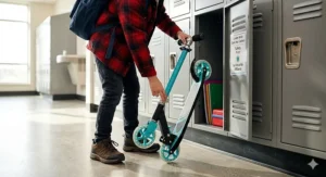 A Canadian student folding their scooter to put in a school locker, highlighting the foldable scooter for kids space-saving design.