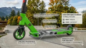 Lightweight aircraft-grade aluminum deck on a beginner stunt scooter, ideal for 6-8 year old Canadian riders learning their first tricks.