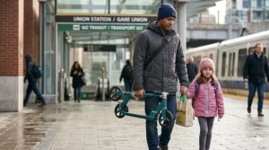 An illustration of a parent easily carrying a lightweight foldable scooter for kids while walking through a Canadian transit station.