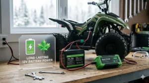 Diagram of the durable 12V battery used in the safest kids' ATVs, optimized for long play sessions in cooler climates.