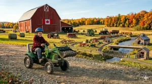 An illustration of children engaging in active, outdoor physical play by pedaling and operating a kids tractor with front loader toy in a park or schoolyard.