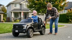 A photorealistic 4K image showing a smiling father in a plaid shirt on a Canadian driveway using a black parental remote control with an antenna to steer a detailed black 12V toy Ford F-150-style truck with a 'CANADA' license plate. His young son is sitting inside. A house with a Canadian flag is in the background.