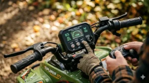 Close-up of the parental speed control settings on a 12V kids' ATV, highlighting safety limiters for beginner riders.