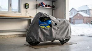 Close-up photorealistic illustration highlighting the speed control features on the motorcycle's handlebars, including tactile grips and parental safety icons.