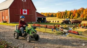 Bilingual diagram (English and French) showing the measurements, dimensions, and weight capacity of a kids pedal tractor with front loader for Canadian consumers.