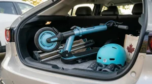 Diagram showing how a lightweight 10 mph electric scooter for kids folds for easy storage in a car trunk or Canadian entryway.