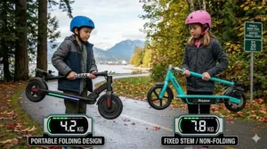 Lightweight design comparison showing a Gotrax GKS vs Razor Power Core, emphasizing ease of carrying for Canadian families on the go.