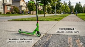 Durable beginner stunt scooter for 6-8 year olds designed to handle Canadian suburban sidewalks and asphalt skateparks.