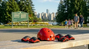 Photorealistic image of a child's red safety helmet and protective gear, essential for safely operating a 6 year old's electric scooter.