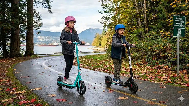 A side-by-side comparison of a Razor electric scooter vs Gotrax kids model on a Canadian paved park path, highlighting safety features and deck design for Canadian parents.