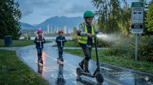 Illustration showing a child avoiding a puddle on a damp sidewalk, emphasizing the hazards of riding e-scooters in wet Canadian spring weather.